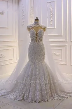 Luxury 3D Lace Applique High Neck Tulle Mermaid Wedding Dress