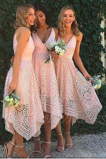 Newest Lace Spaghetti-Strap Sleeveless A-line Tea-Length Bridesmaid Dress