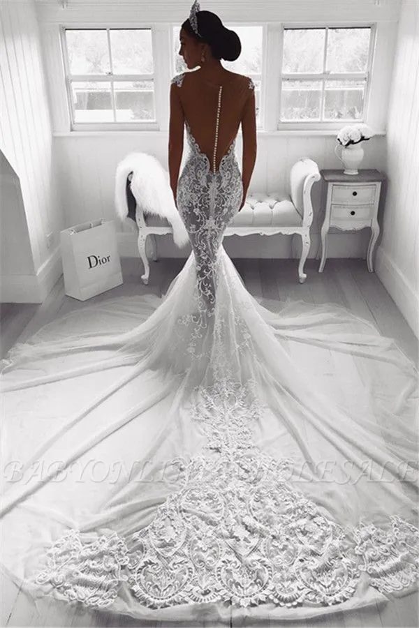 Sexy Mermaid Straps Wedding Dresses | Sheer Tulle Sleeveless Appliques Bridal Gowns - Image 2