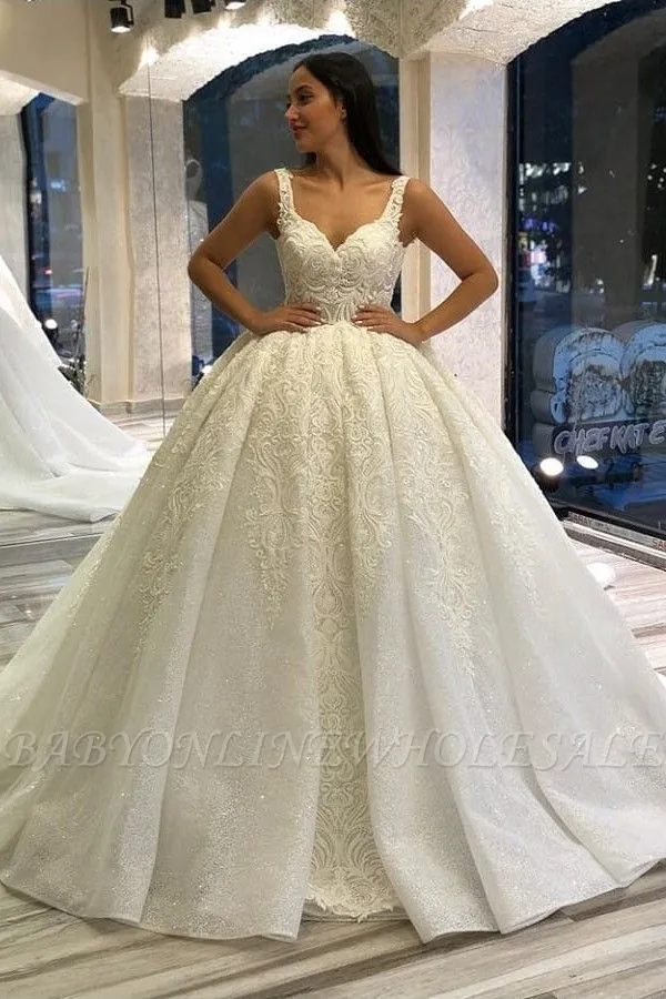 Delicate V-Neck Ball Gown Straps Flroal Bridal Gown