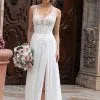 Simple Wedding Dress V-Neck Floral Lace With Side Slit