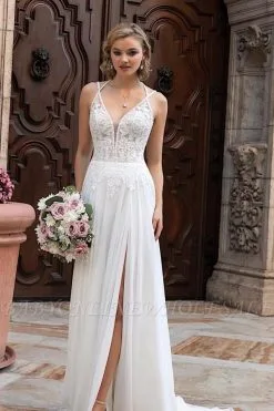 Simple Wedding Dress V-Neck Floral Lace With Side Slit