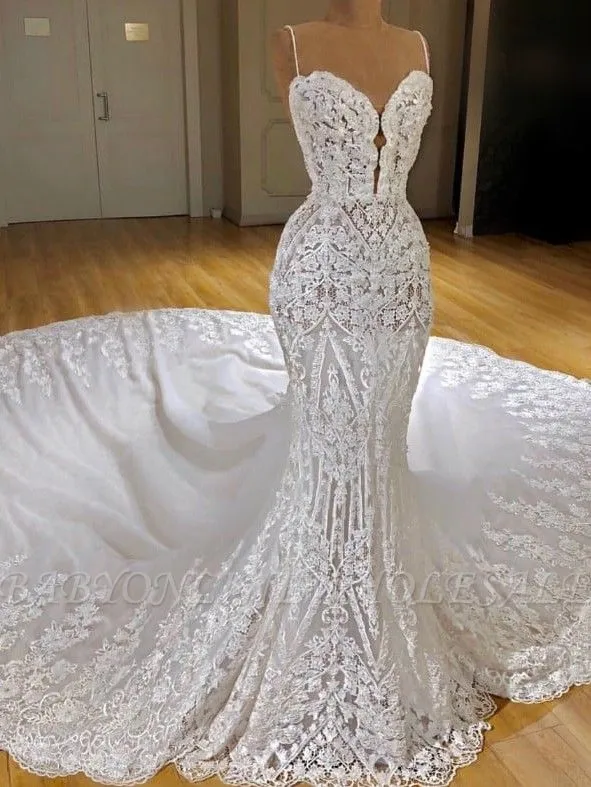 Sexy Lace Mermaid Wedding Dresses | Spaghetti Straps Appliques Bridal Gowns