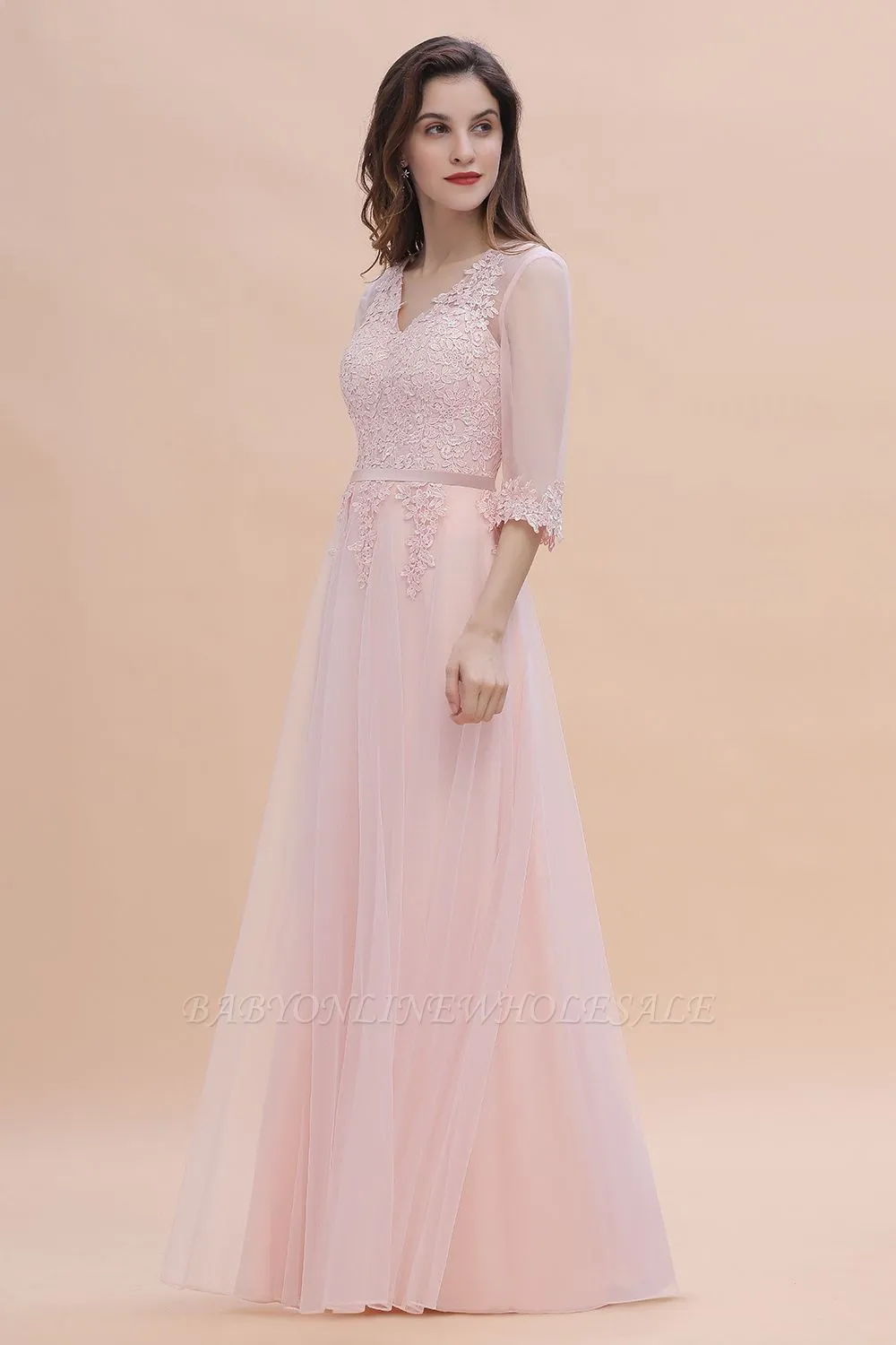Romantic 3/4 Sleeves Pink Wedding Guest Dress Lace Appliques - Image 5