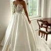 Chic Floor Length Sweetheart Sleeveless A Line Lace Satin Wedding Dress With Sweep Train