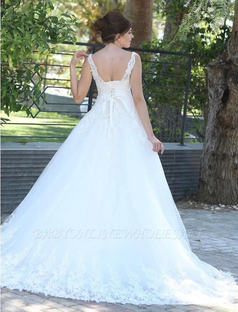 Fantastic Sleeveless V-Neck White Lace Aline Bridal Gown - Image 3