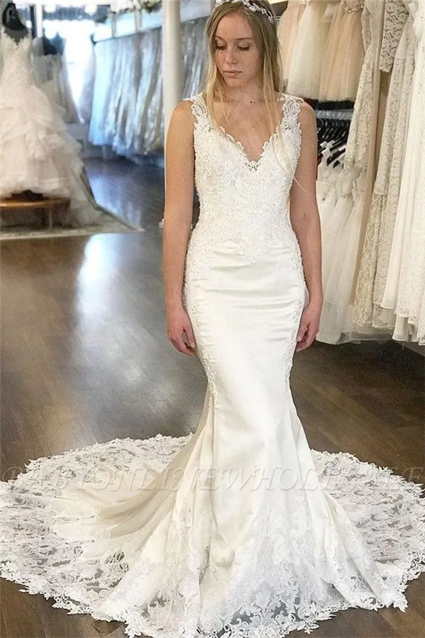 Elegant V-Neck Appliques Wedding Dresses | Sleeveless Backless Mermaid Floral Bridal Gowns