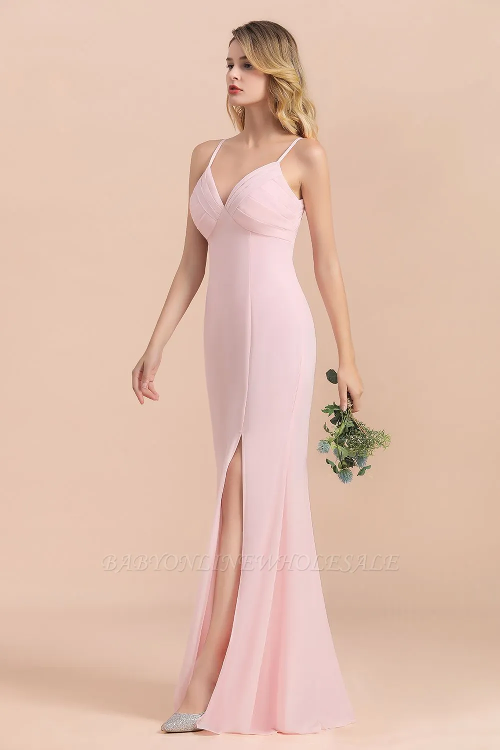 Pink V-Neck Sleeveless Mermaid Bridesmaid Dress Wedding Wear Dress With Side Slit - Image 6