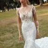 Stylish White Floral Lace Mermaid Bridal Dress Long Sleeves V-Neck Wedding Gown