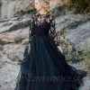 Long SLeeves Black Tulle Wedding Dress Floral Lace Aline Formal Dress