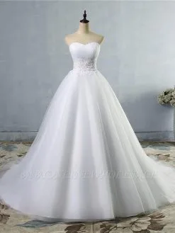 Strapless Lace Appliques Ball Gown Wedding Dresses | Sleeveless Bridal Gowns With Sweep Train