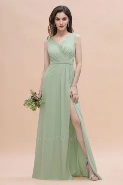 V-Neck Ruffle Chiffon Beach Wedding Guest Dress Aline Evening Dress With Side Slit