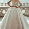Deluxe Sweetheart Long Sleeves Chapel Train Satin Ball Gown Wedding Dress With Pearls