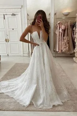 Sexy Spaghetti Strap V-neck White Unique Design Wedding Dress