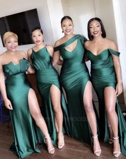 Unique Off-the-shoulder Strapless Emerald Green Elastic Satin Long Bridesmaid Dress