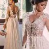 Simple A-line Sweep-Train Chiffon V-neck Lace Backless Wedding Dress
