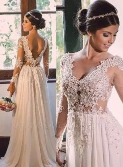 Simple A-line Sweep-Train Chiffon V-neck Lace Backless Wedding Dress