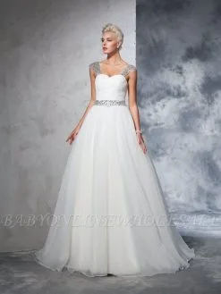 Long Tulle Ball Gown Straps Ruched Sleeveless Wedding Dresses