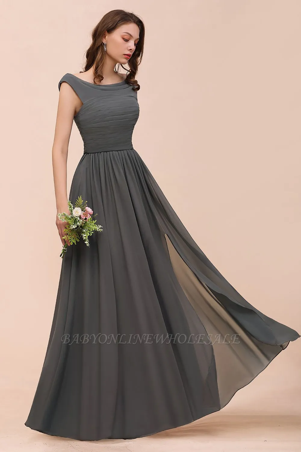 Grey Cap Sleeves 100D Chiffon Long Evening Dress With Side Slit - Image 4