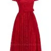 Short Sleeves Seath Red Lace Dresses With Ribbon Bow