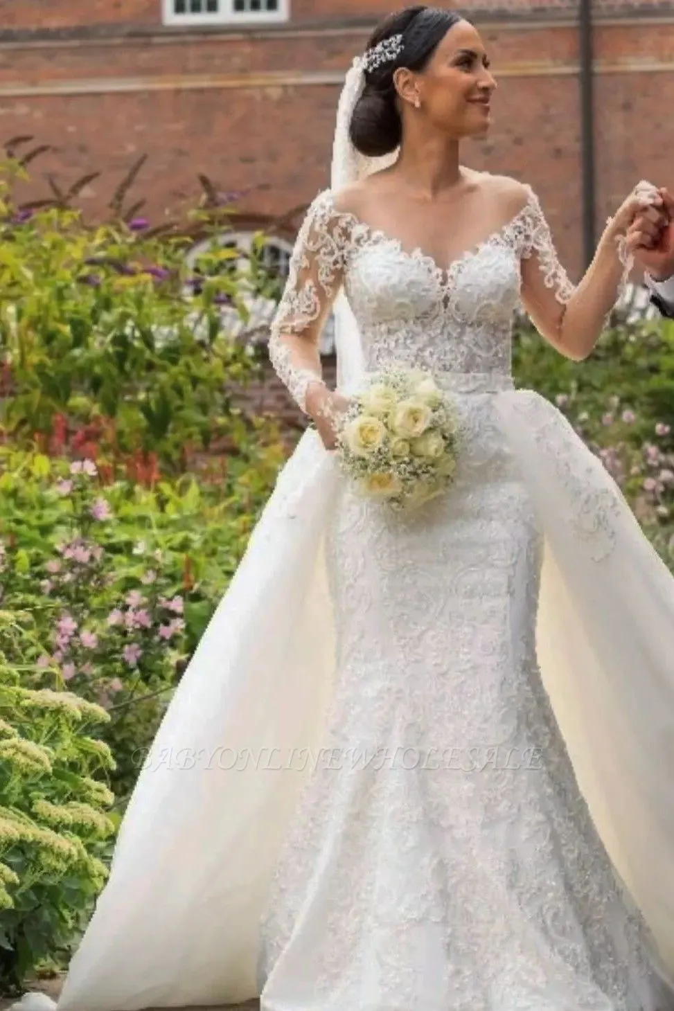 Illusion Neck Sweetheart Mermaid Wedding Dress With Overskirt