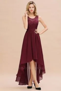Bugundy Jewel Neck Hi-Lo Evening Dress