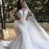 White Long Sleeves Plus Size Mermaid Belt Wedding Dresses