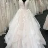 White Tulle V Neck Open Back Long Layered Wedding Dress