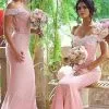 Elegant Blushing-Pink Off-the-Shoulder Lace-Appliques Long Bridesmaid Dresses