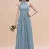 Halter Floral Lace Wedding Guest Dress Sleeveless Chiffon Long Formal Dress