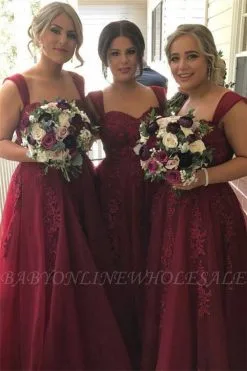 Burgundy Tulle Lace-Appliques Straps Sweetheart Summer Bridesmaid Dress