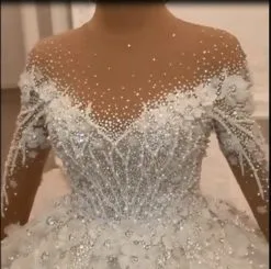 Gorgeous Crystals Floral Bridal Gown With Long Sleeves Glitter Sequins 3D Flower Wedding Dress