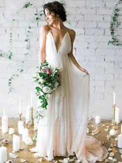 Sweep Train A-Line Sleeveless Ruffles Chiffon Spaghetti Straps Wedding Dresses