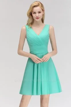 Mabel | Modest Ruffles Sexy V-Neck Sleeveless Short Bridesmaid Dress