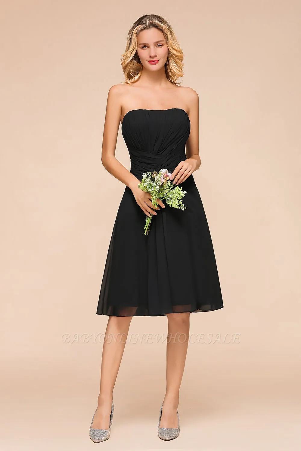Black Sleeveless Chiffon Short Wedding Party Dress Knee Length