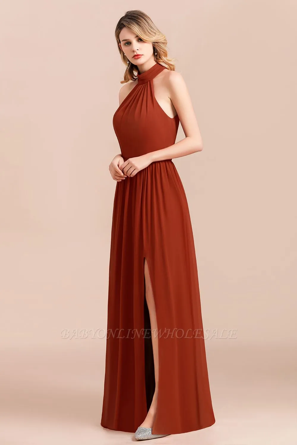 Halter Chiffon Bridesmaid Dress Sleeveless Formal Dress With Side Slit - Image 3