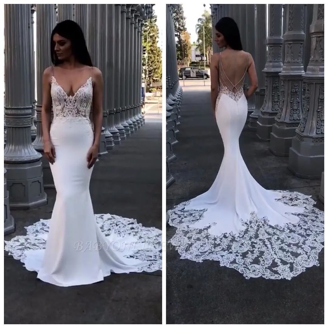 Elegant Lace Mermaid Wedding Dresses | Spaghetti Straps Backless Bridal Gowns - Image 2