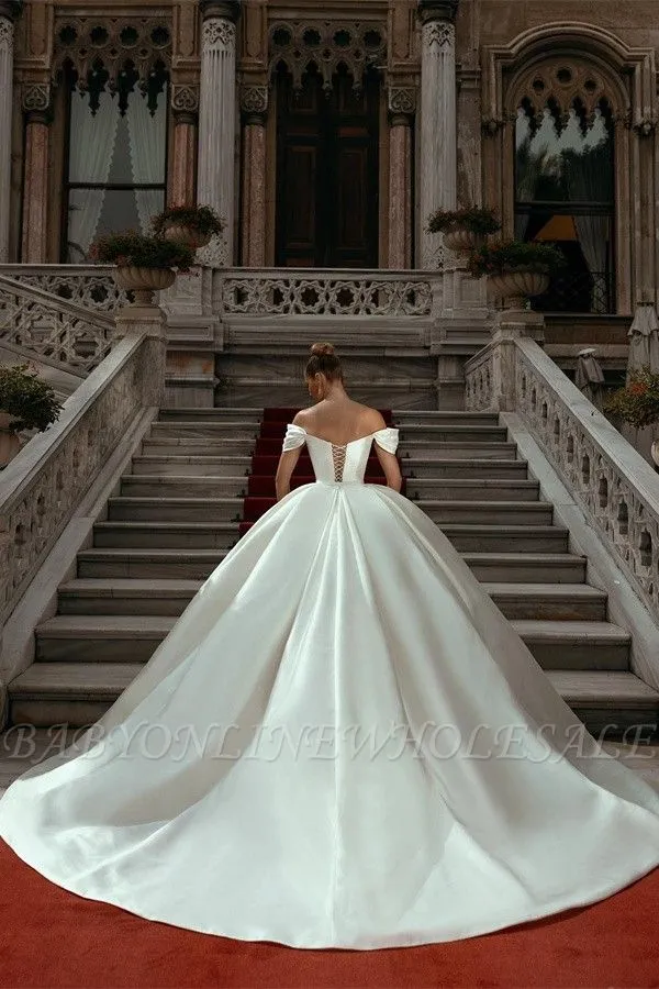 Elegant Off The Shoulder Strapless Satin Ball Gown Wedding Dress - Image 4