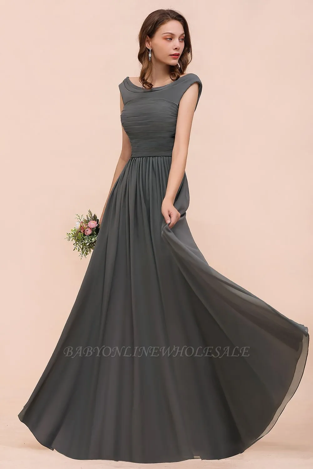 Grey Cap Sleeves 100D Chiffon Long Evening Dress With Side Slit - Image 3