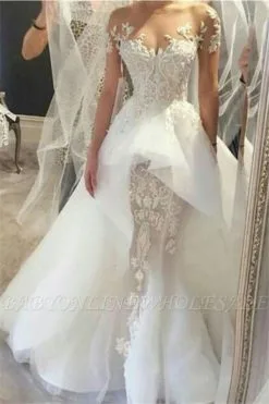 Wholesale Fit And Flare Tulle Lace Wedding Dresses | Short Sleeves Court Train Bridal Gown