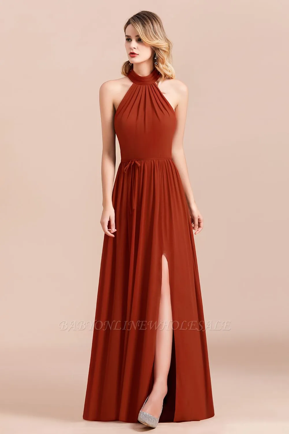 Halter Chiffon Bridesmaid Dress Sleeveless Formal Dress With Side Slit - Image 5