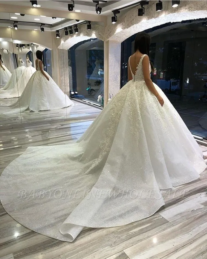 Delicate V-Neck Ball Gown Straps Flroal Bridal Gown - Image 3