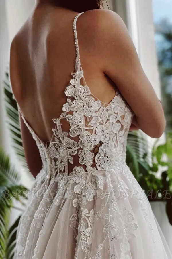 Elegant V-Neck Tulle Aline Wedding Dress Lace Appliques Bridal Dress With Straps - Image 3