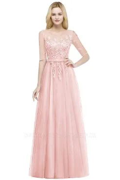 QUEENIE | A-line Floor Length Appliques Tulle Bridesmaid Dresses With Sleeves