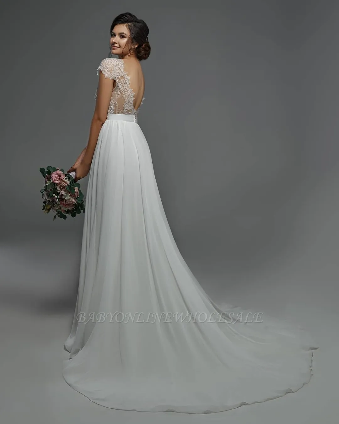 Cap Sleeves V-neck Chiffon Simple Wedding Dress Floor Length - Image 2