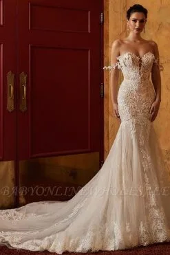 Gorgeous Off-the-Shouloder Floral Lace Wedding Dress Mermaid Tulle Bridal Gown