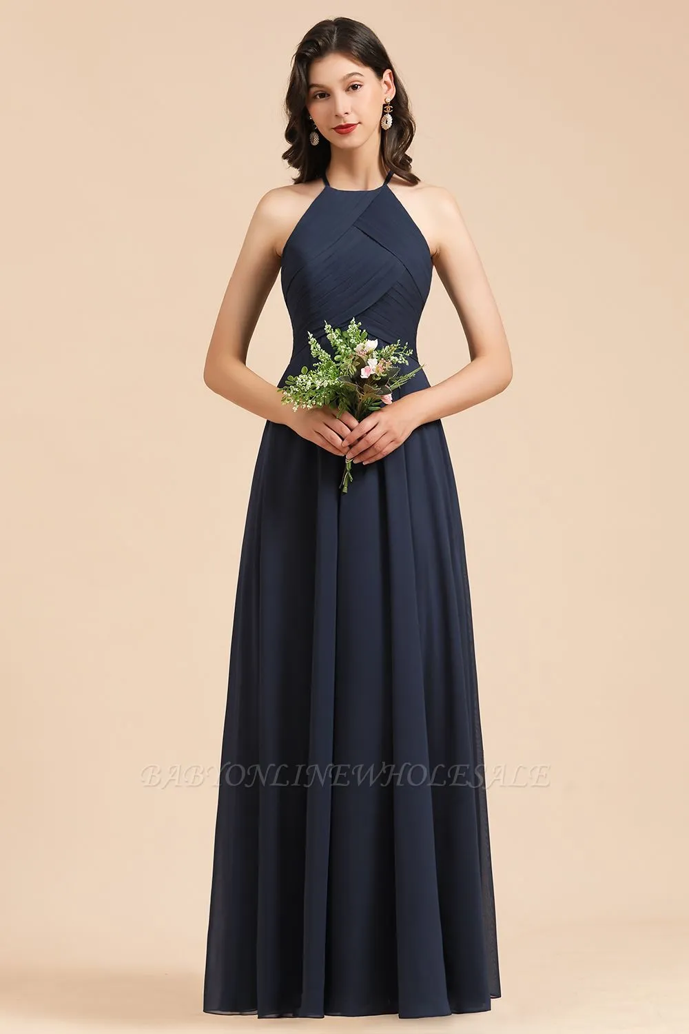 Halter Chiffon Long Evening Maxi Dress Sleeveless Pleated Wedding Guest Dress - Image 5
