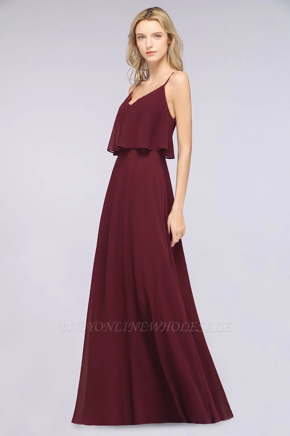 Sexy Chiffon Spaghetti-Straps V-Neck Floor-Length A-line Bridesmaid Dress - Image 4