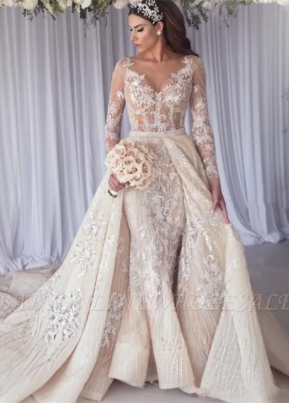 Sexy Long Sleeve Lace Mermaid Overskirt Wedding Dress Bridal Gowns BC1390 - Image 3
