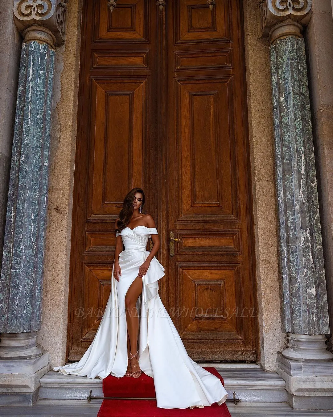 Off-the-Shoulder White Satin Wedding Dress With Side Slit - Image 6